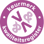 Rond, paars keurmerk met het woord 'kwaliteitsregister' en symbolen in het midden.